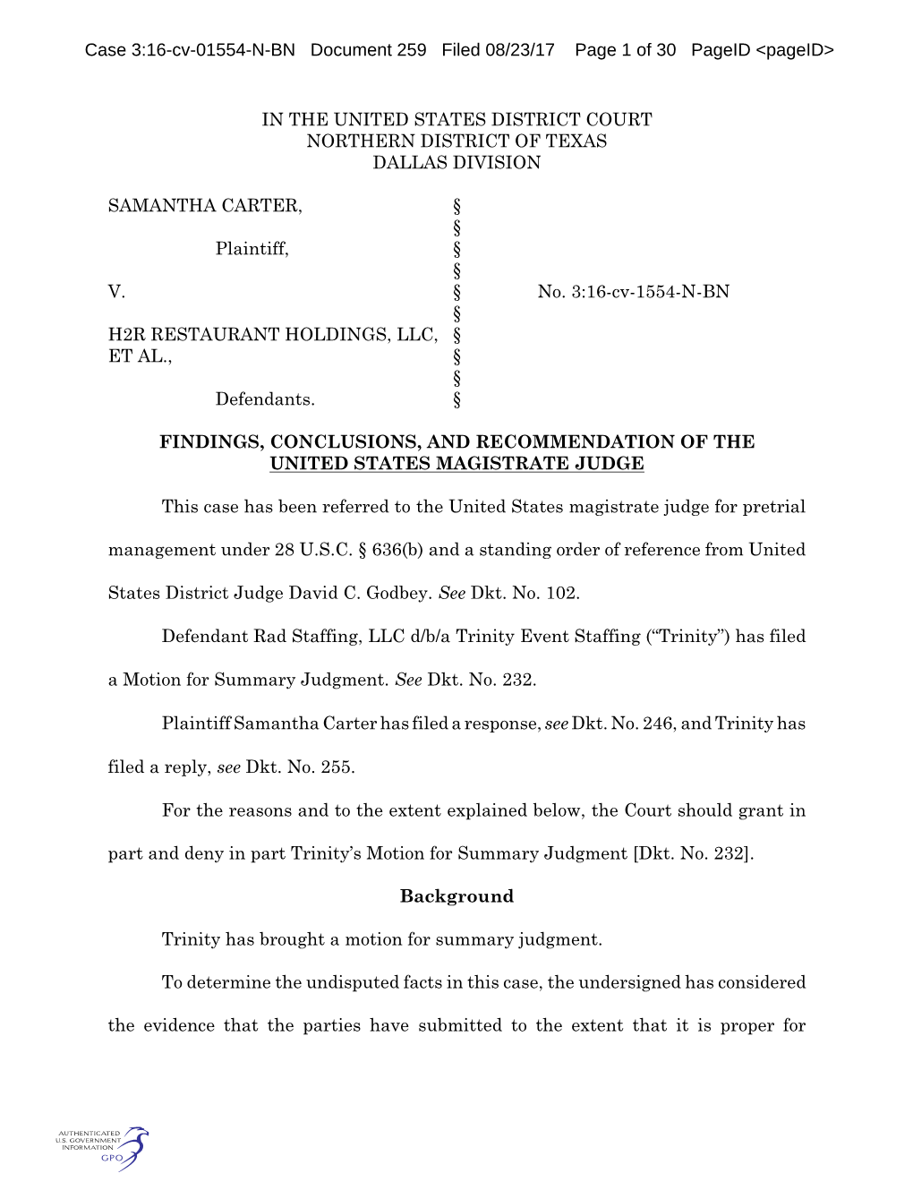 Case 3:16-Cv-01554-N-BN Document 259 Filed 08/23/17 Page 1 of 30