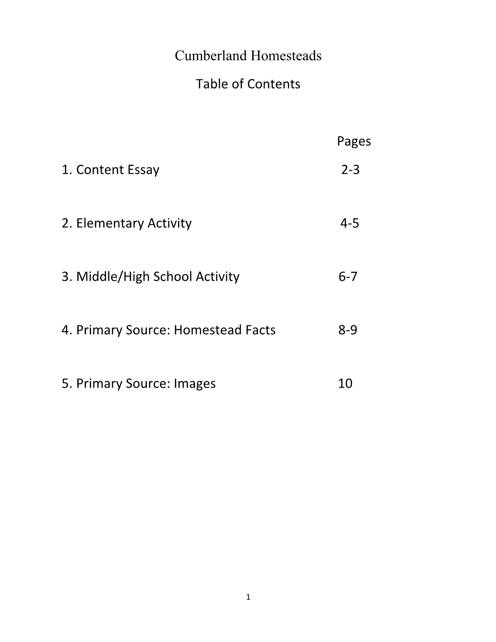 Cumberland Homesteads Table of Contents