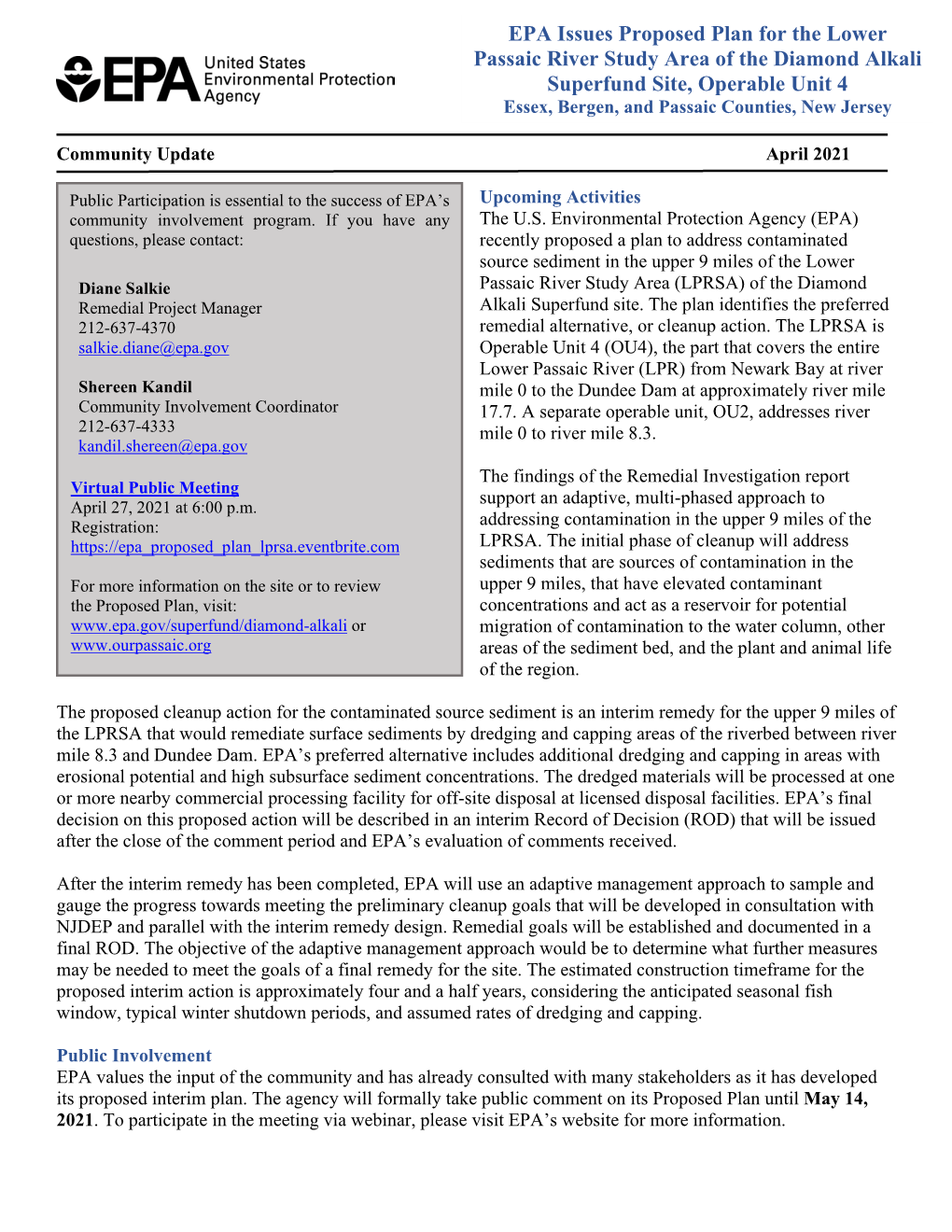 EPA Issues Proposed Plan for the Lower Passaic River Study Area of the Diamond Alkali Superfund Site, Operable Unit 4 Essex, Bergen, and Passaic Counties, New Jersey