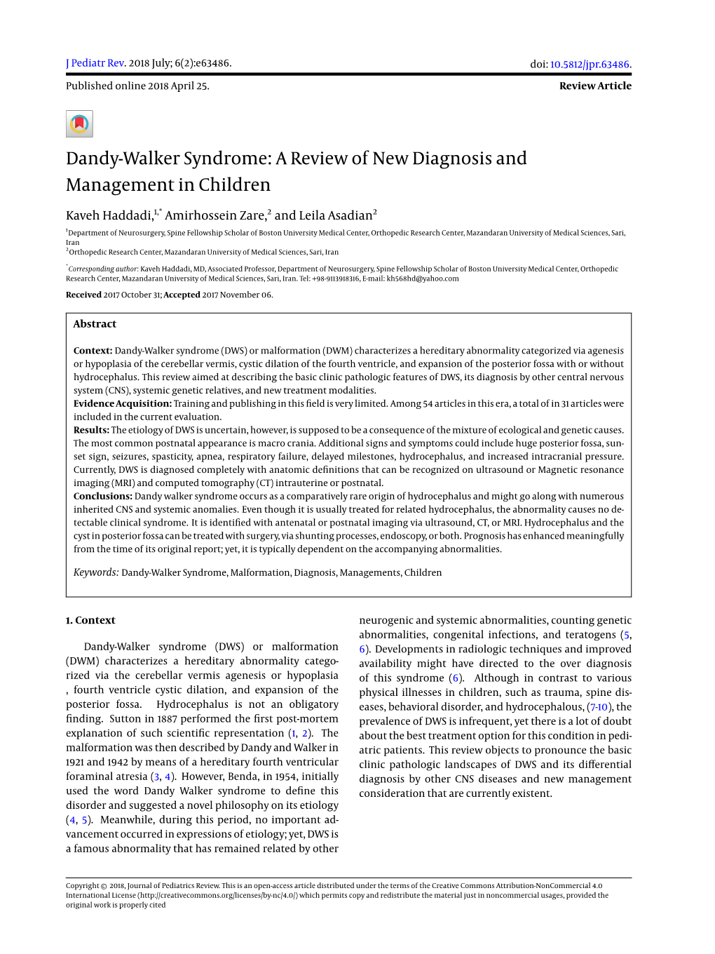 Dandy-Walker Syndrome: a Review of New Diagnosis and Management in Children