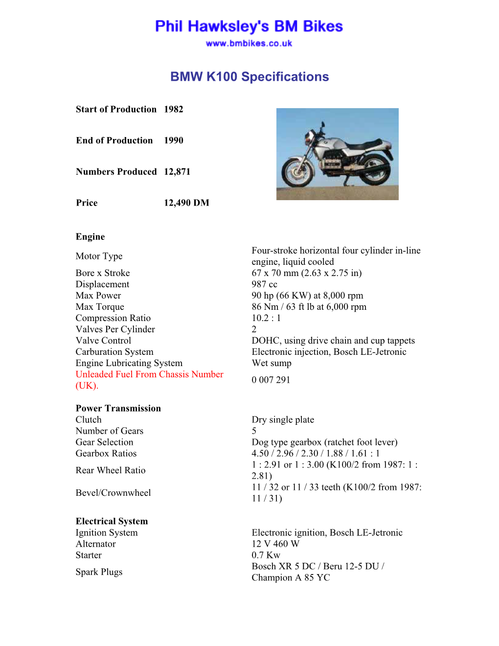 BMW K100 Specifications