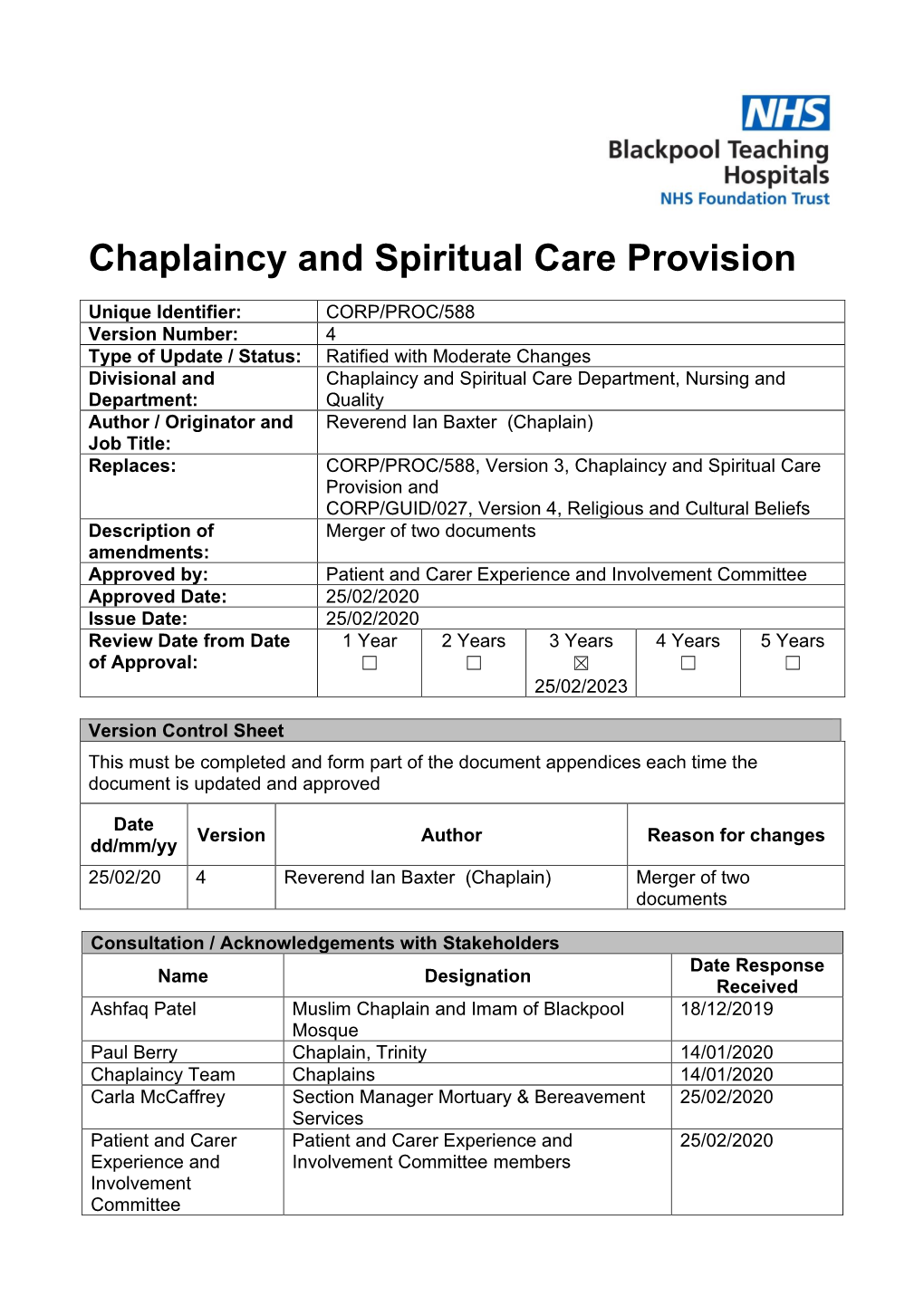 Chaplaincy and Spiritual Care Provision