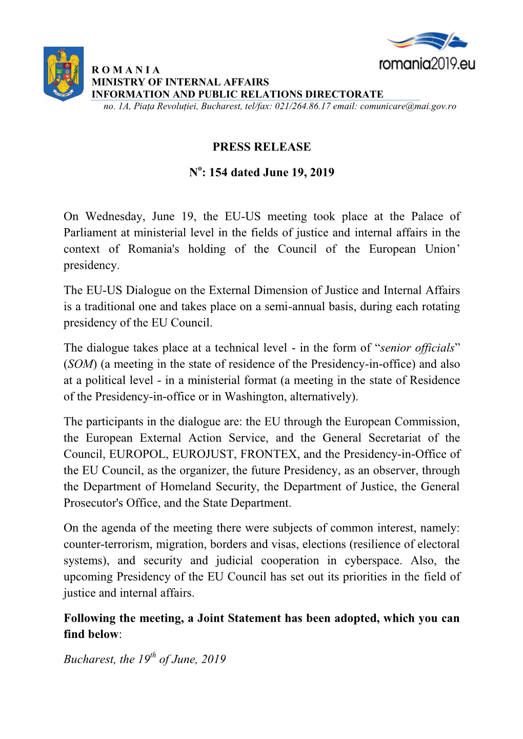 19 06 2019 EU-US Meeting on Justice and Internal Affairs