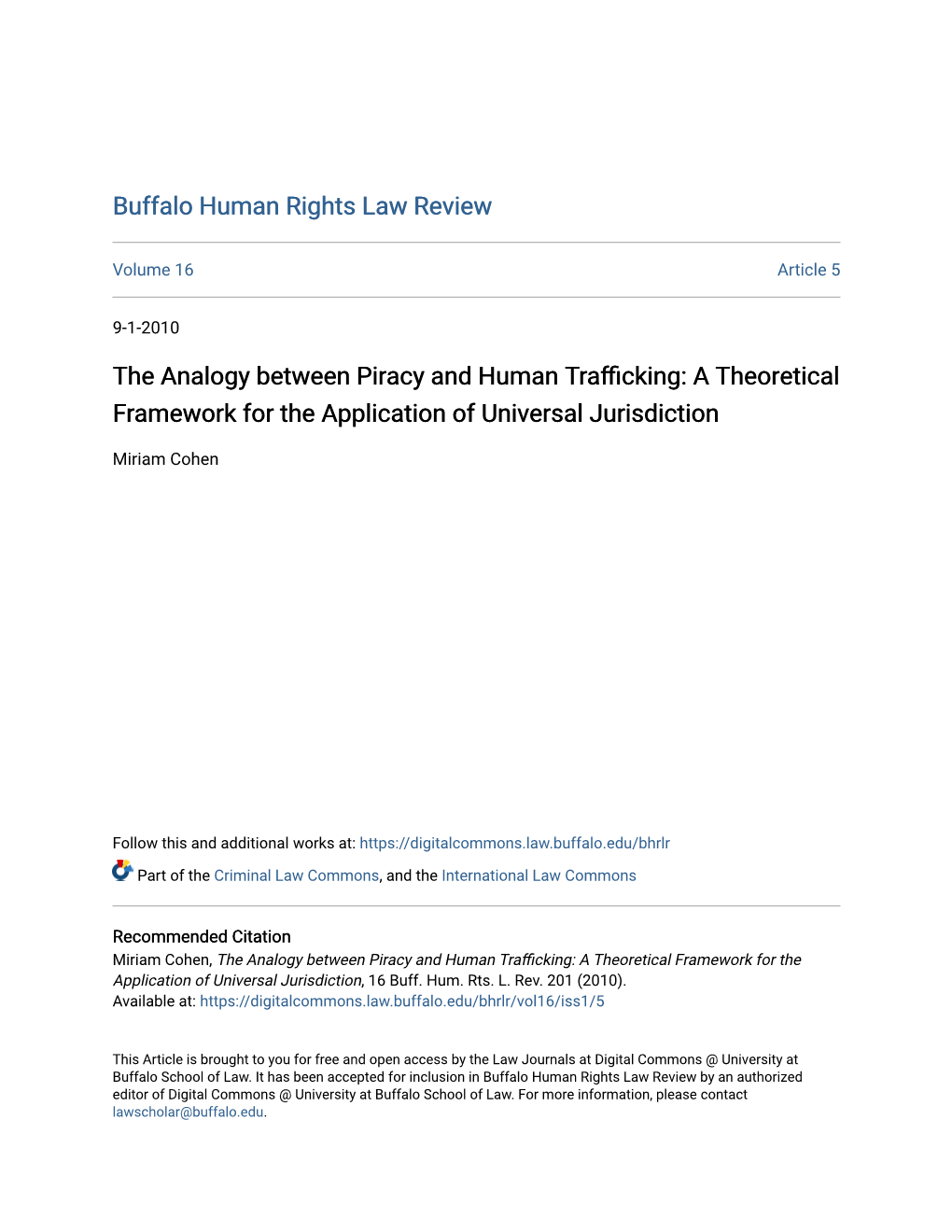 The Analogy Between Piracy and Human Trafficking: a Theoretical Framework for the Application of Universal Jurisdiction