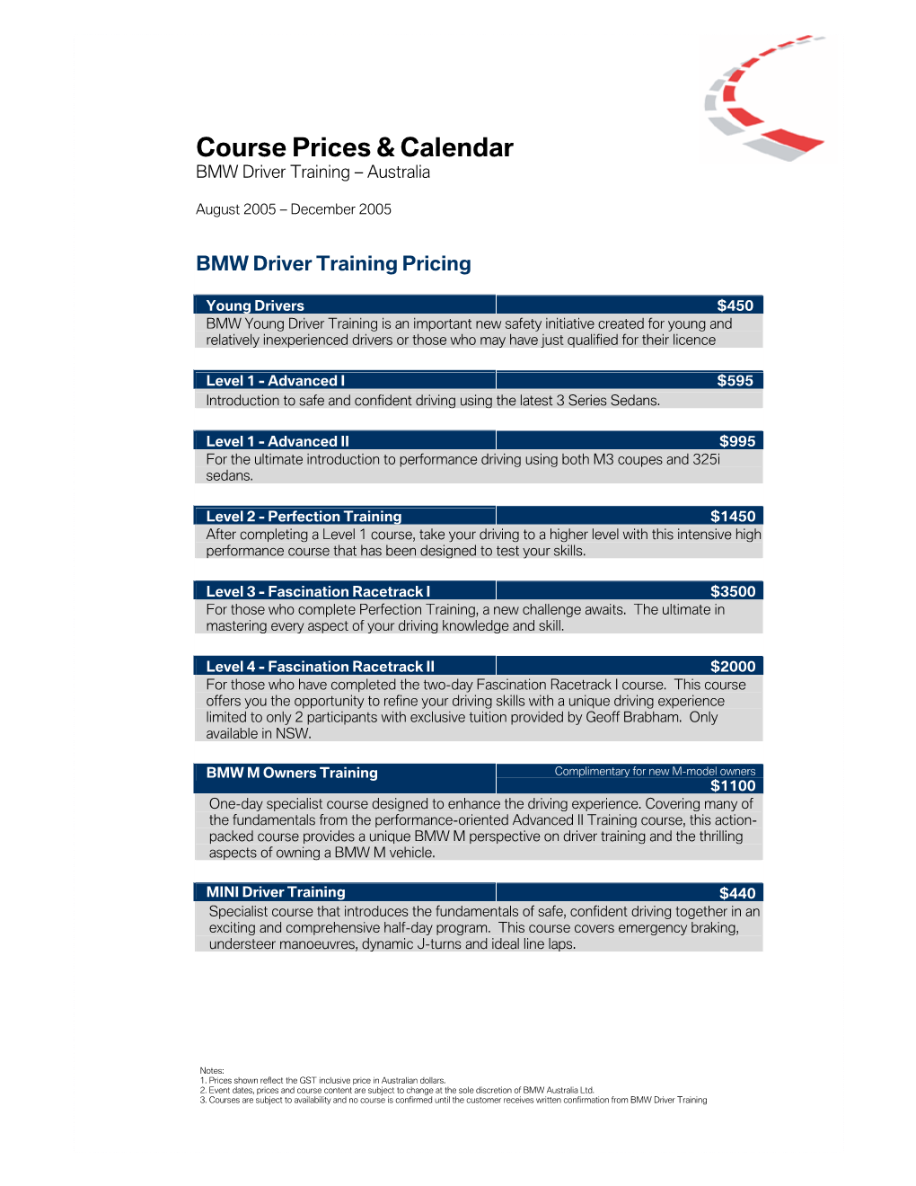 Course Prices & Calendar