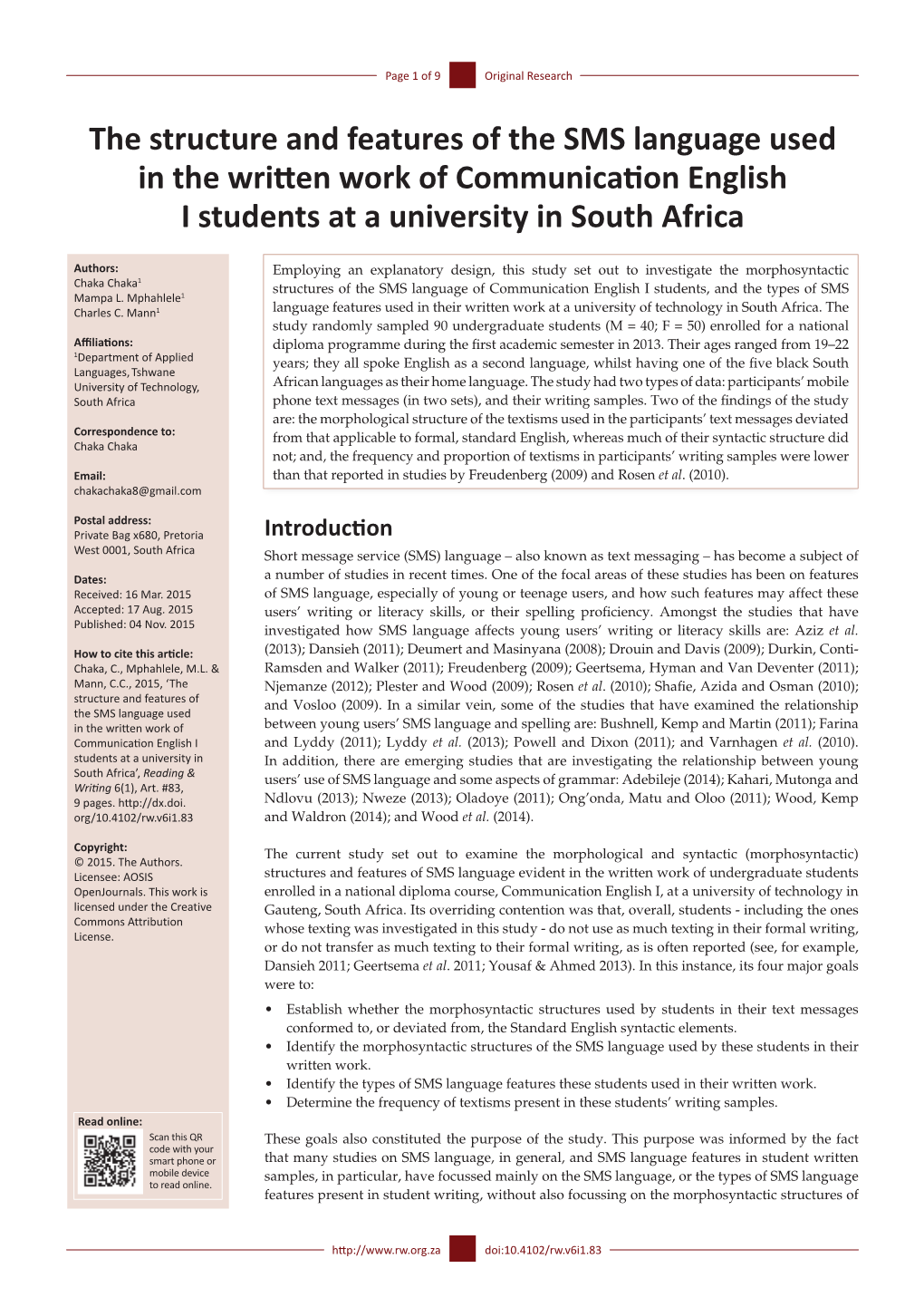 The Structure and Features of the SMS Language Used in the Written Work of Communication English I Students at a University in South Africa