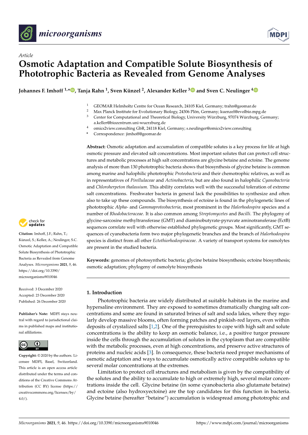 Osmotic Adaptation and Compatible Solute Biosynthesis of Phototrophic Bacteria As Revealed from Genome Analyses