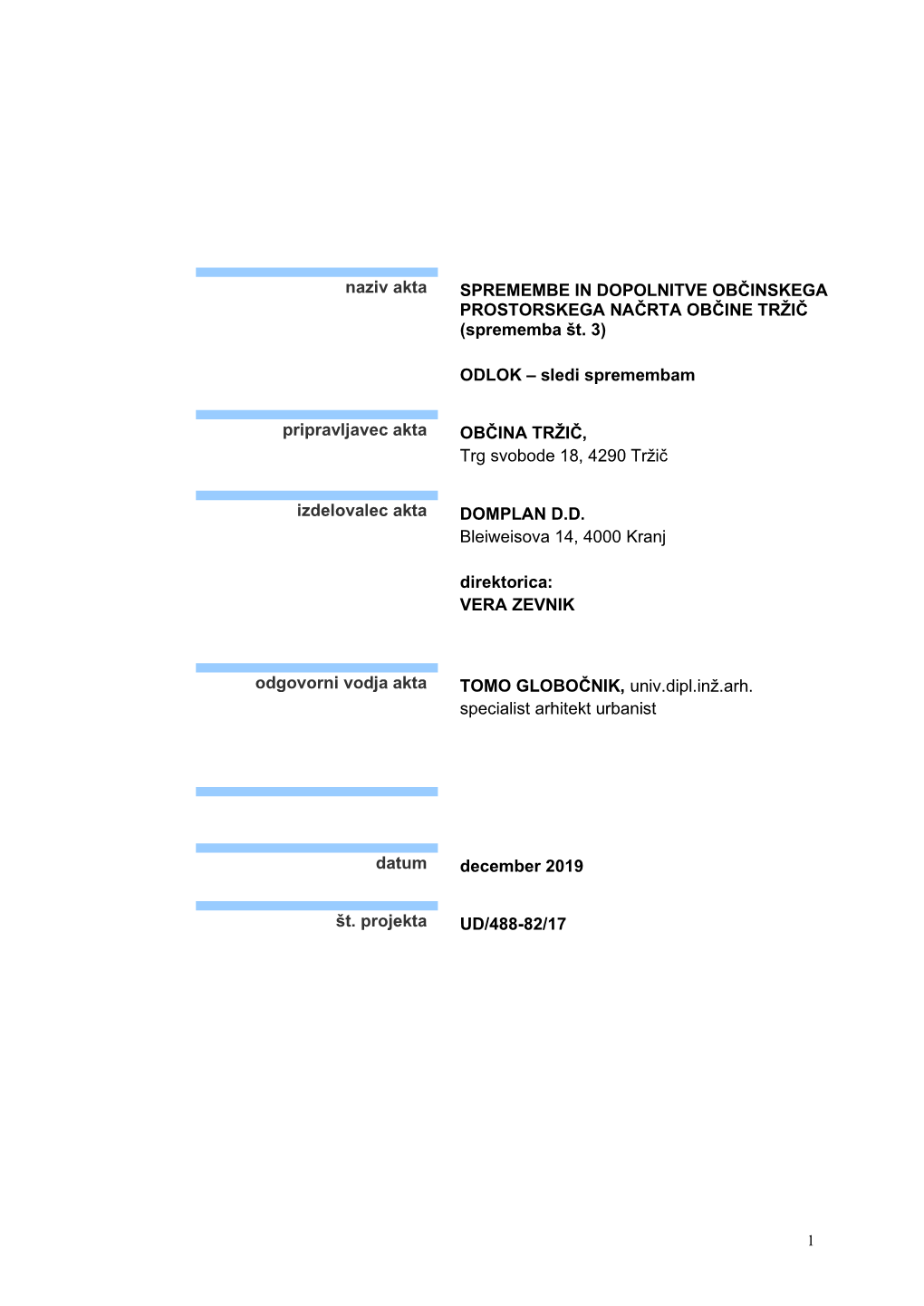 Naziv Akta SPREMEMBE in DOPOLNITVE OBČINSKEGA PROSTORSKEGA NAČRTA OBČINE TRŽIČ (Sprememba Št