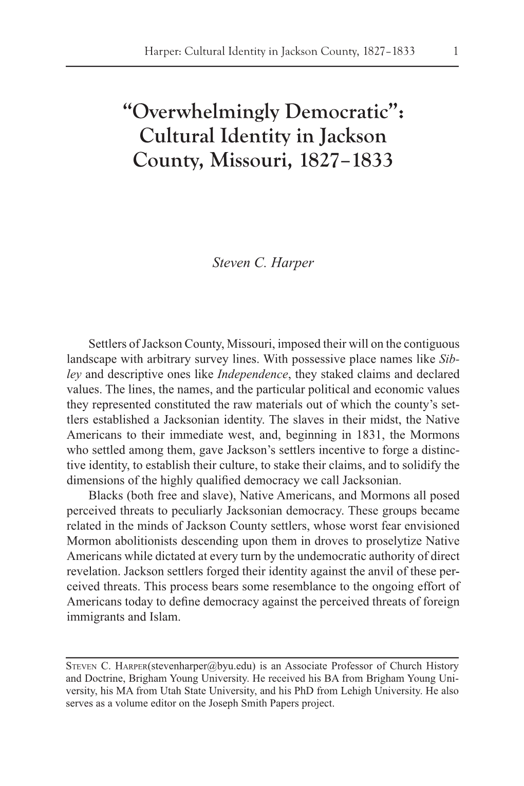 Cultural Identity in Jackson County, Missouri, 1827–1833