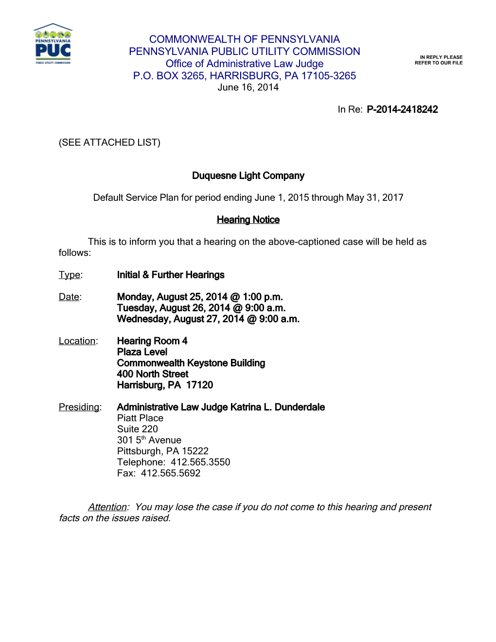 Harrisburg Hearing Notice