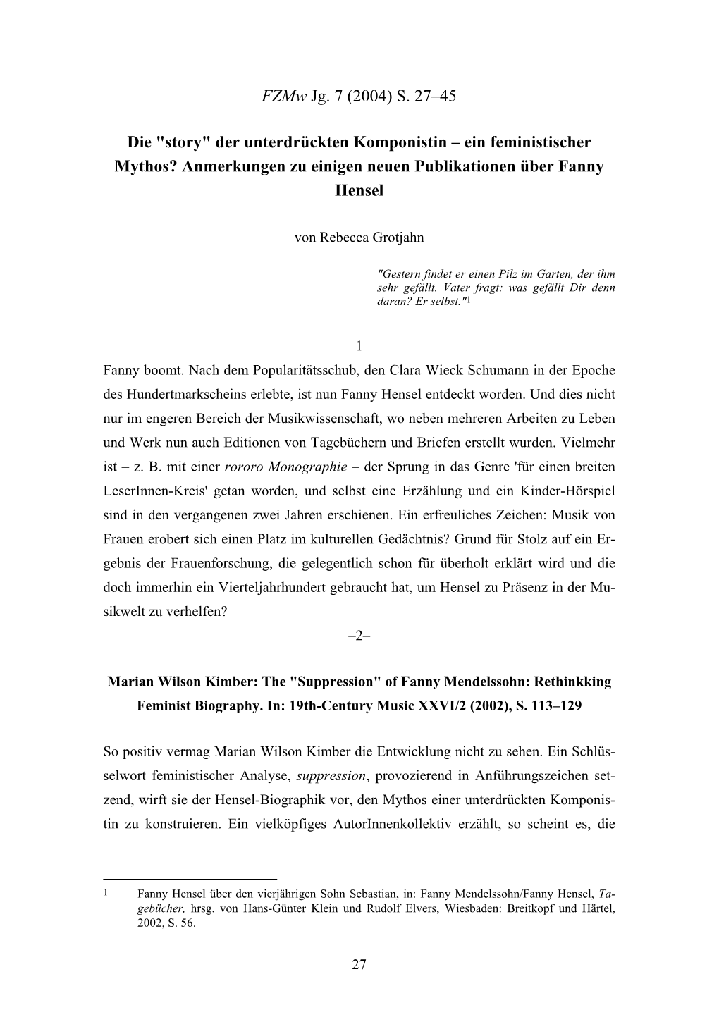 Fzmw, 2004 3, RA Zu Publikationen Über Fanny Hensel