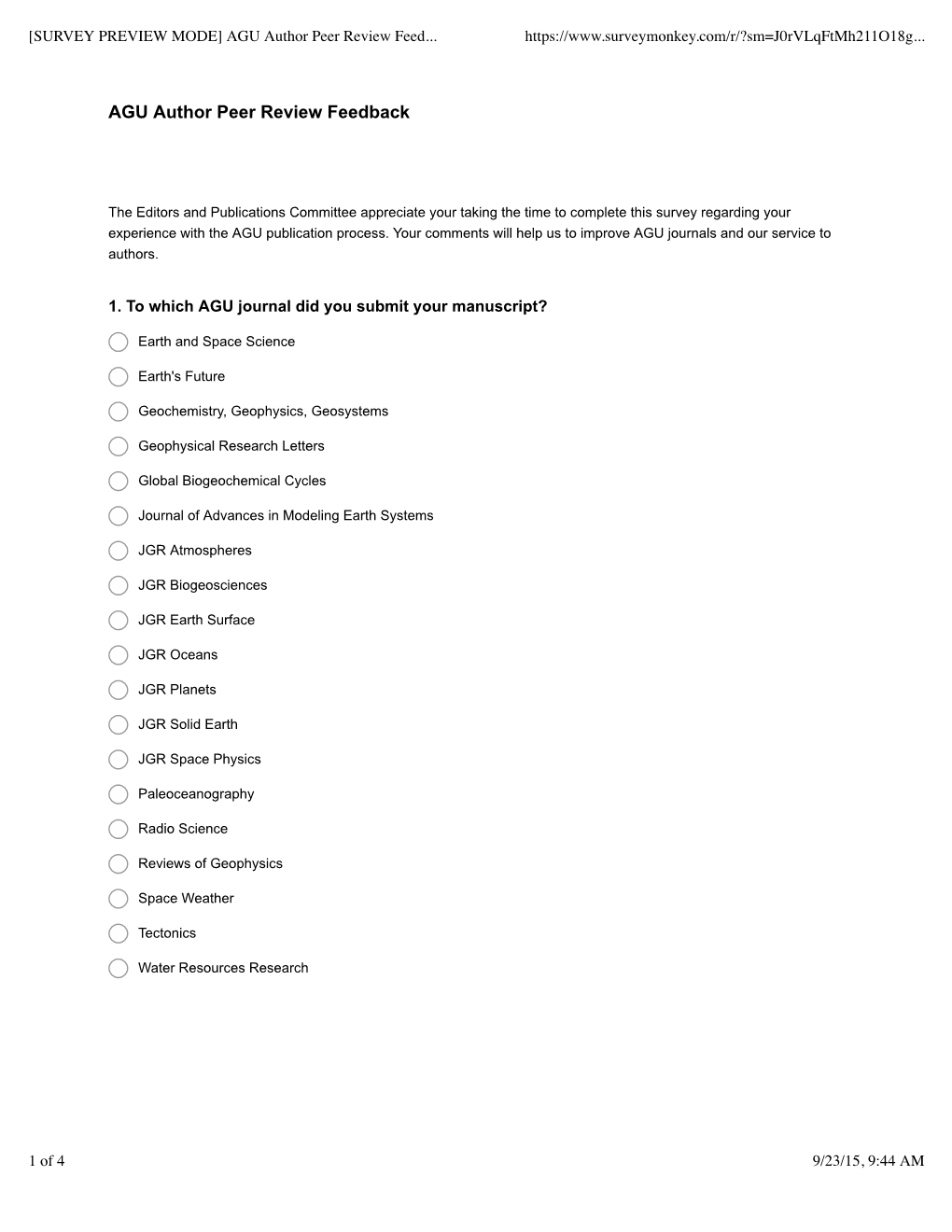 [SURVEY PREVIEW MODE] AGU Author Peer Review Feedback Survey