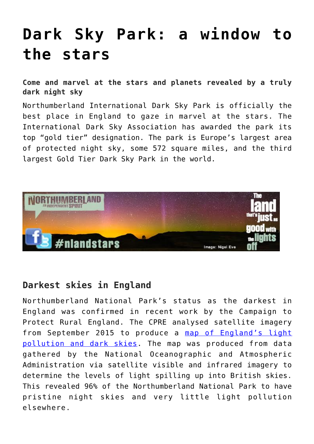 Dark Sky Park: a Window to the Stars