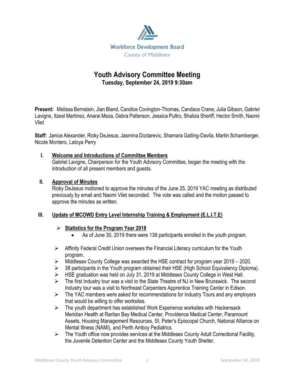 Youth Advisory Committee Meeting Tuesday, September 24, 2019 9:30Am