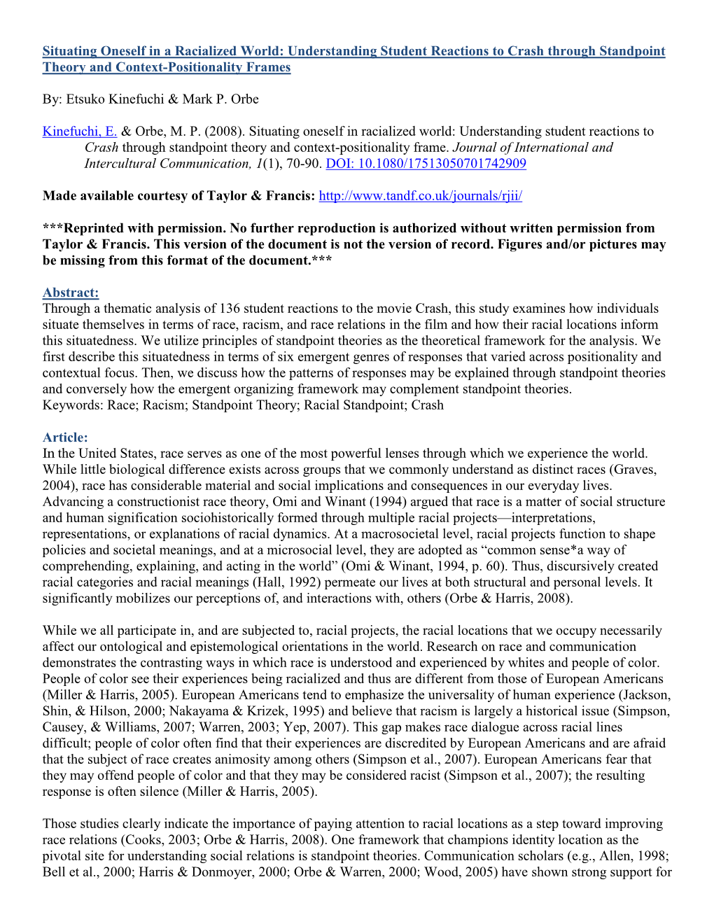 Situating Oneself in a Racialized World: Understanding Student Reactions to Crash Through Standpoint Theory and Context-Positionality Frames