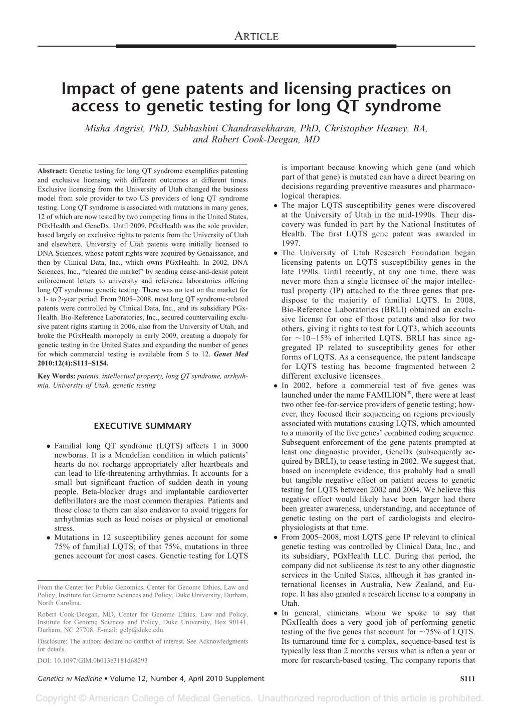 Impact of Gene Patents and Licensing Practices on Access to Genetic Testing for Long QT Syndrome