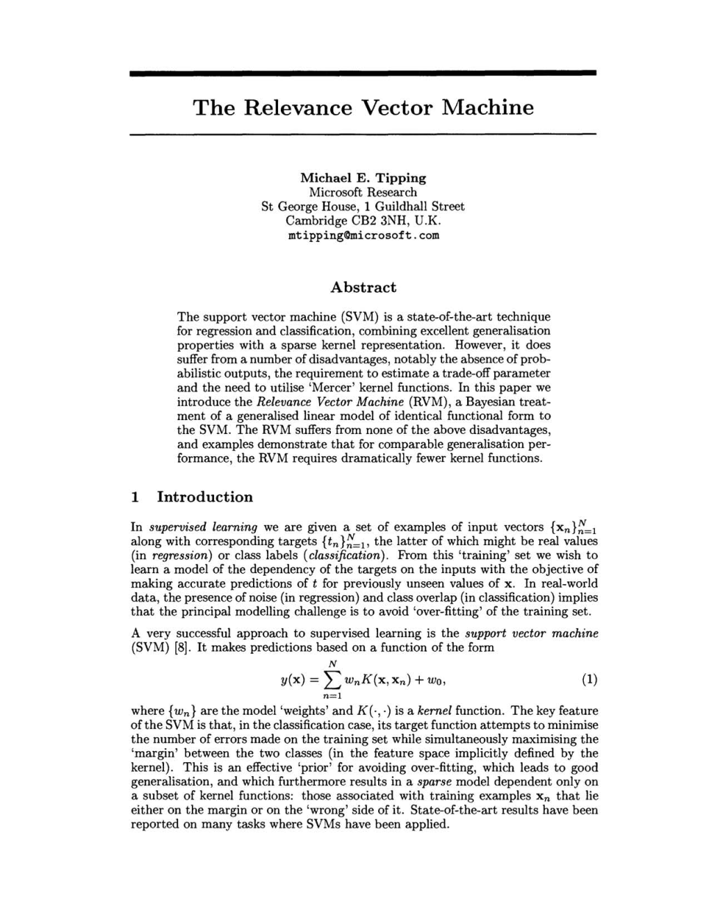 The Relevance Vector Machine