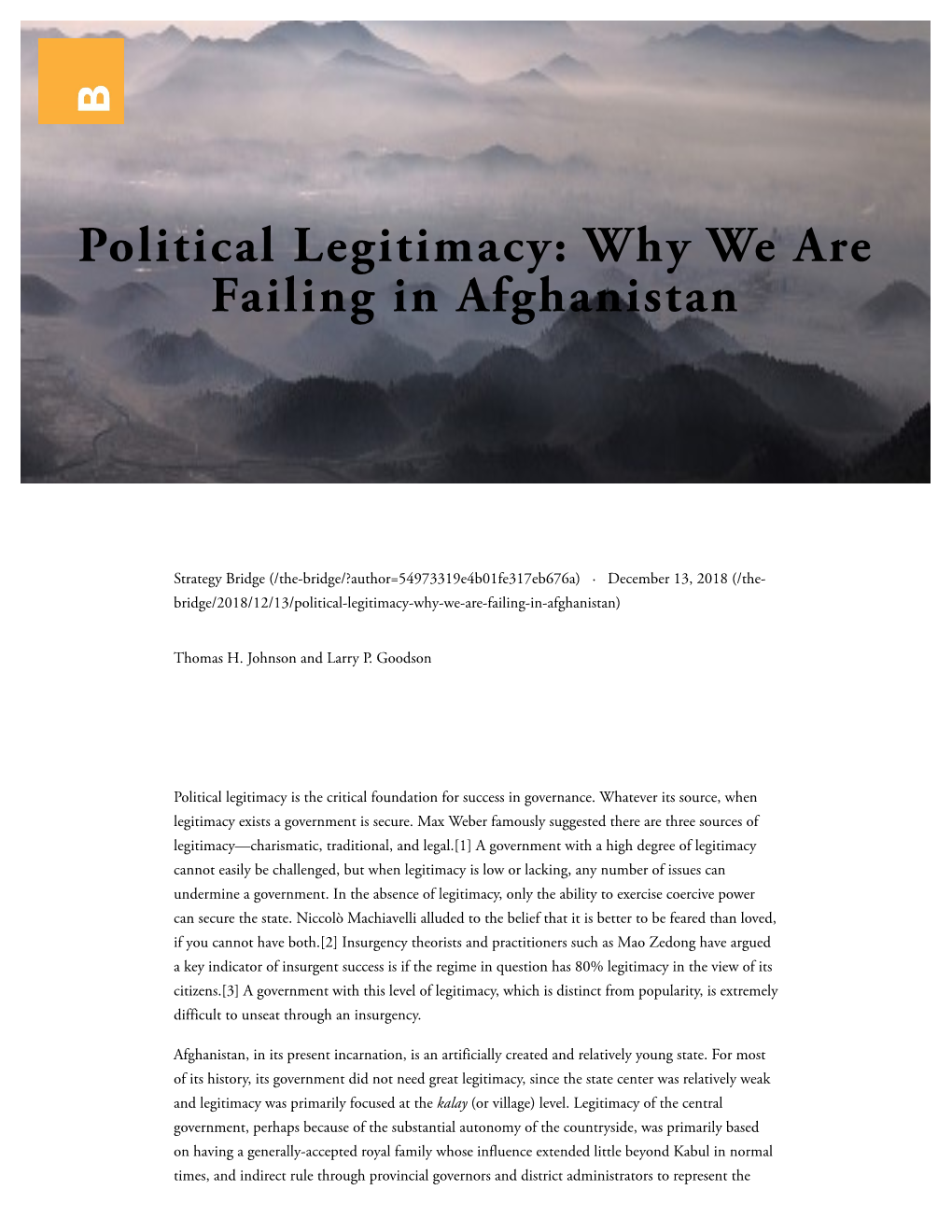 Political Legitimacy: Why We Are Failing in Afghanistan