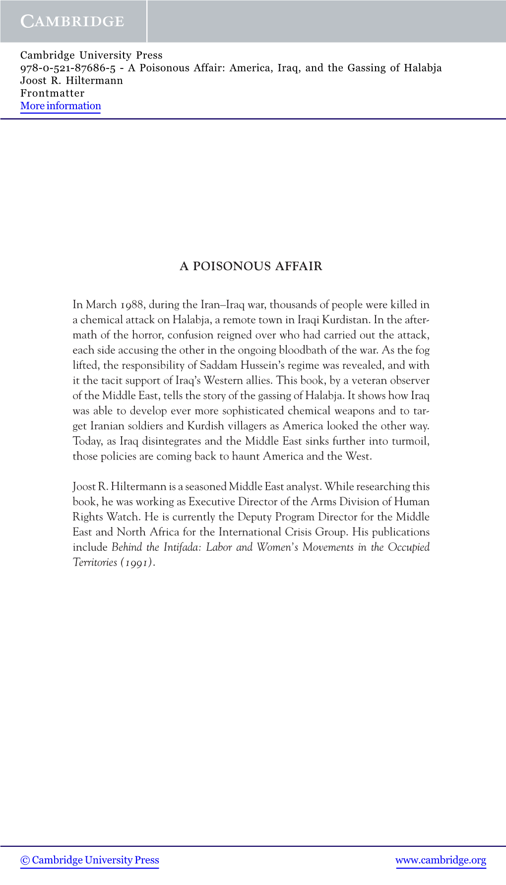 A Poisonous Affair: America, Iraq, and the Gassing of Halabja Joost R