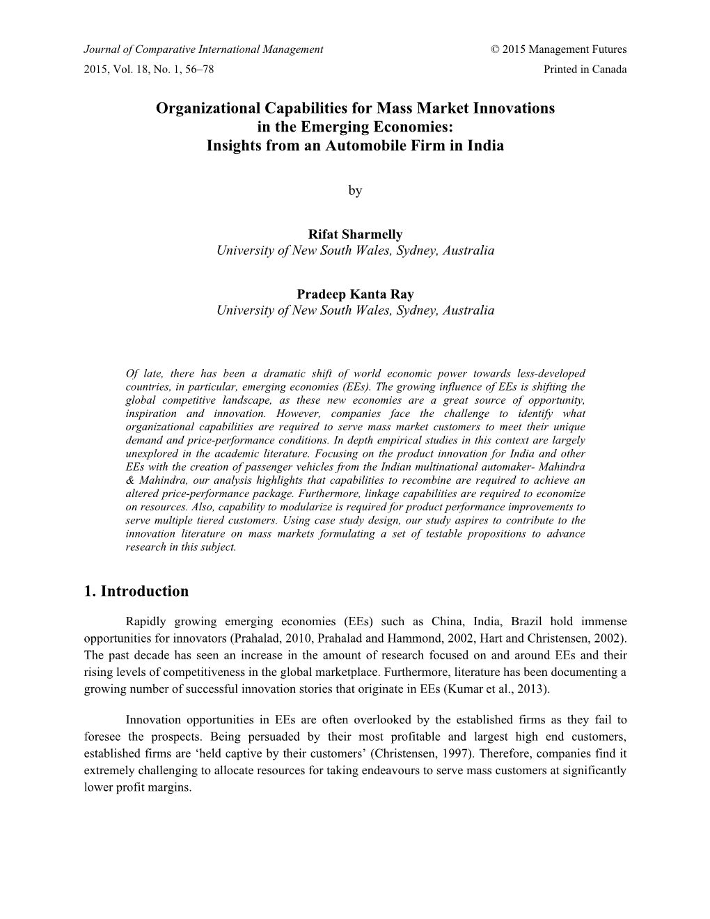 Organizational Capabilities for Mass Market Innovations in the Emerging Economies: Insights from an Automobile Firm in India