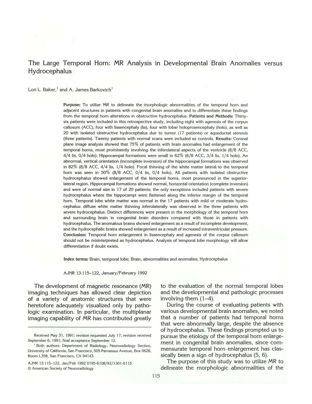 The Large Temporal Horn: MR Analysis in Developmental Brain Anomalies Versus Hydrocephalus