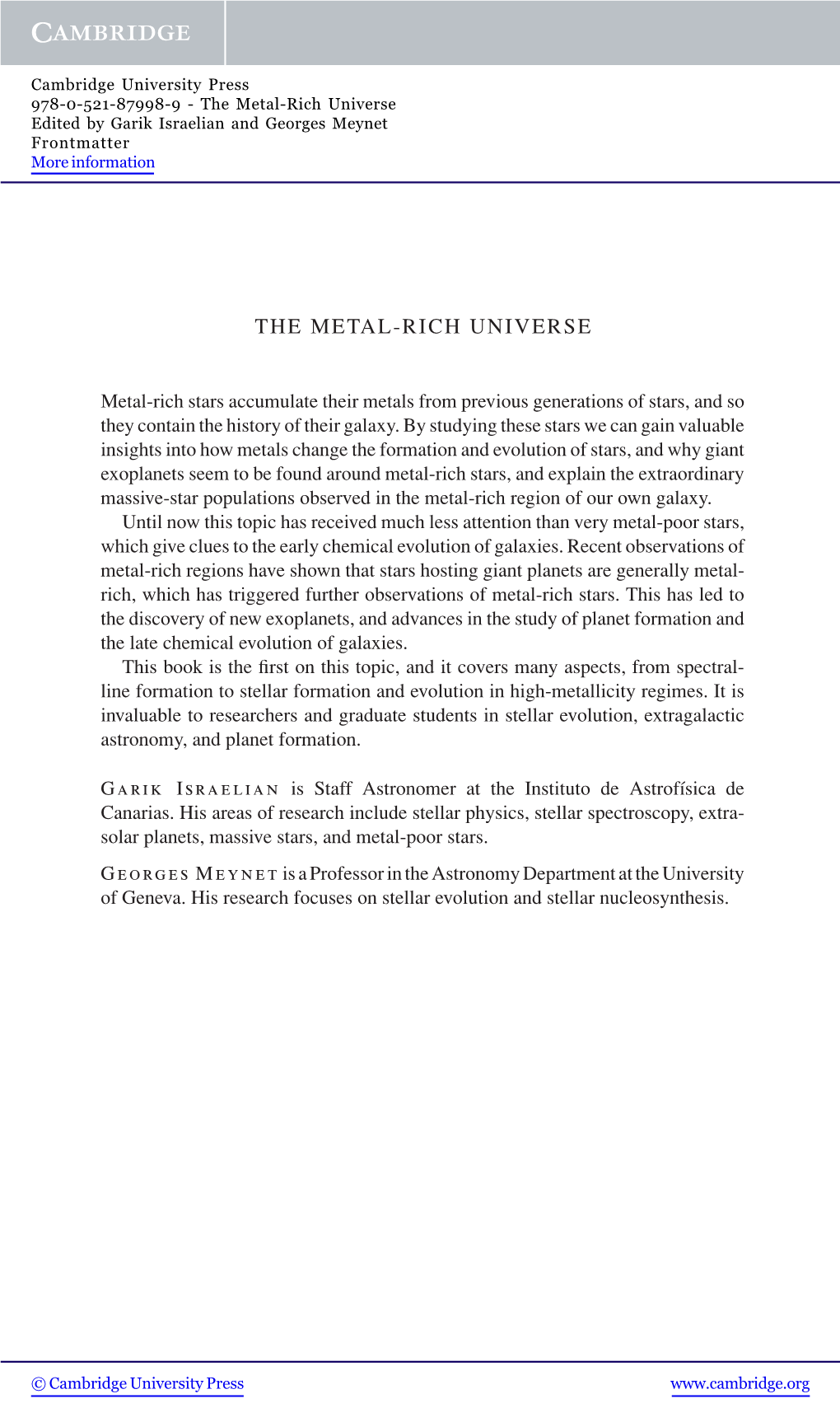 The Metal-Rich Universe Edited by Garik Israelian and Georges Meynet Frontmatter More Information