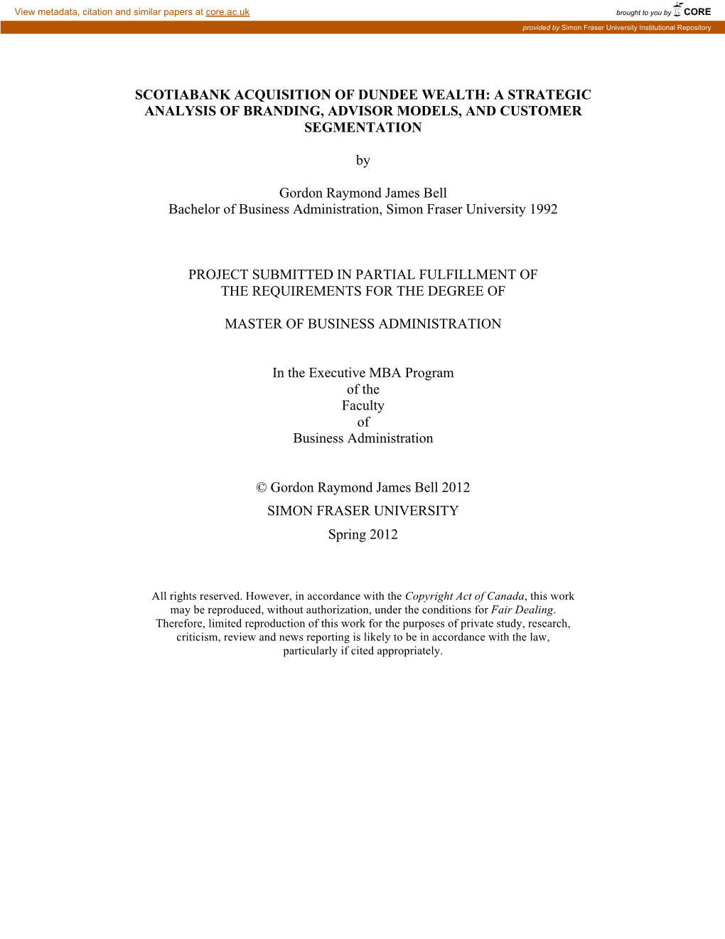 Scotiabank Acquisition of Dundee Wealth: a Strategic Analysis of Branding, Advisor Models, and Customer Segmentation