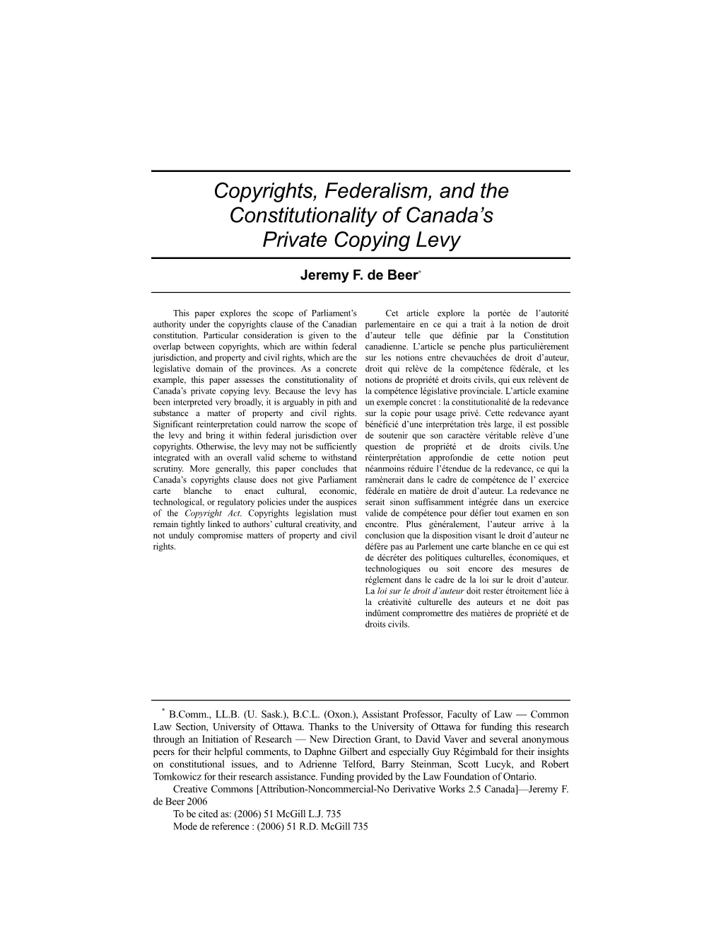 Copyrights, Federalism, and the Constitutionality of Canada's