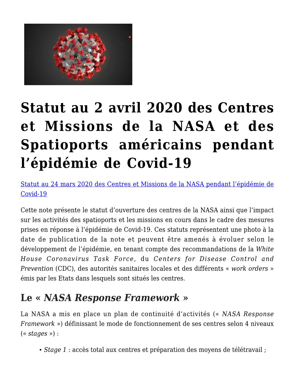 Statut Au 2 Avril 2020 Des Centres Et Missions De La NASA Et Des Spatioports Américains Pendant L'épidémie De Covid-19