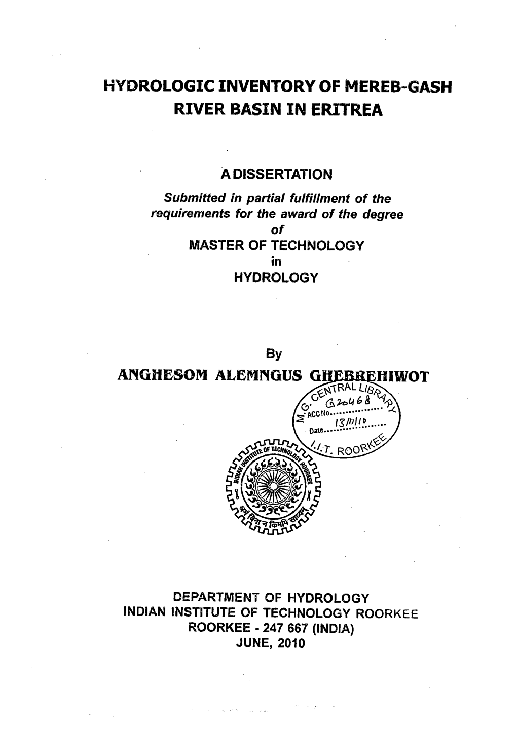 Hydrologic Inventory of Mereb Gash River Basin in Eritrea