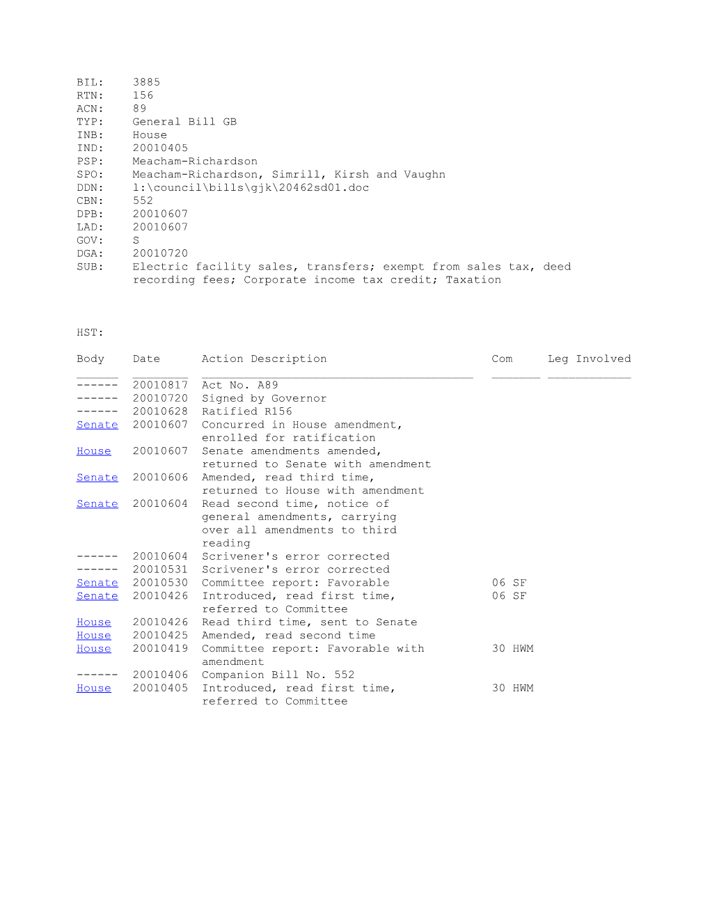 2001-2002 Bill 3885: Electric Facility Sales, Transfers; Exempt from Sales Tax, Deed Recording