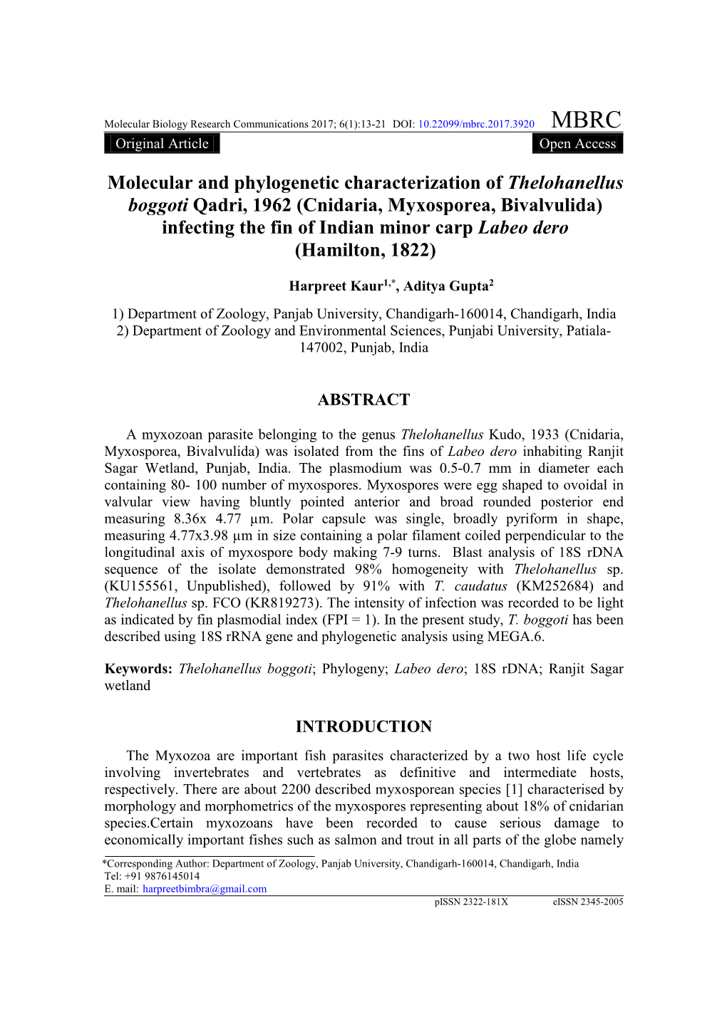Molecular and Phylogenetic Characterization of Thelohanellus