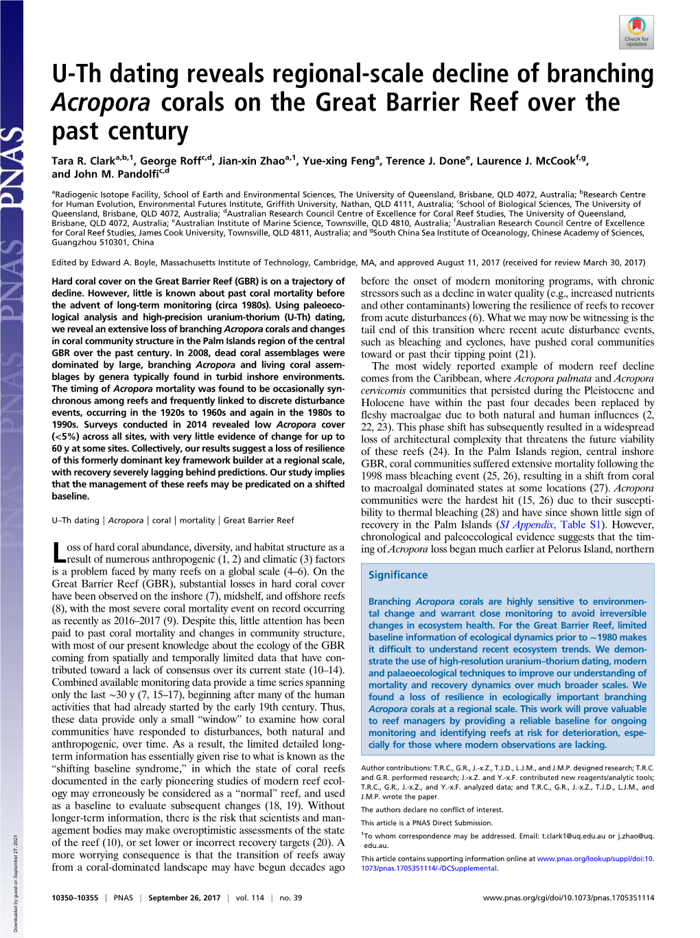 U-Th Dating Reveals Regional-Scale Decline of Branching Acropora Corals on the Great Barrier Reef Over the Past Century