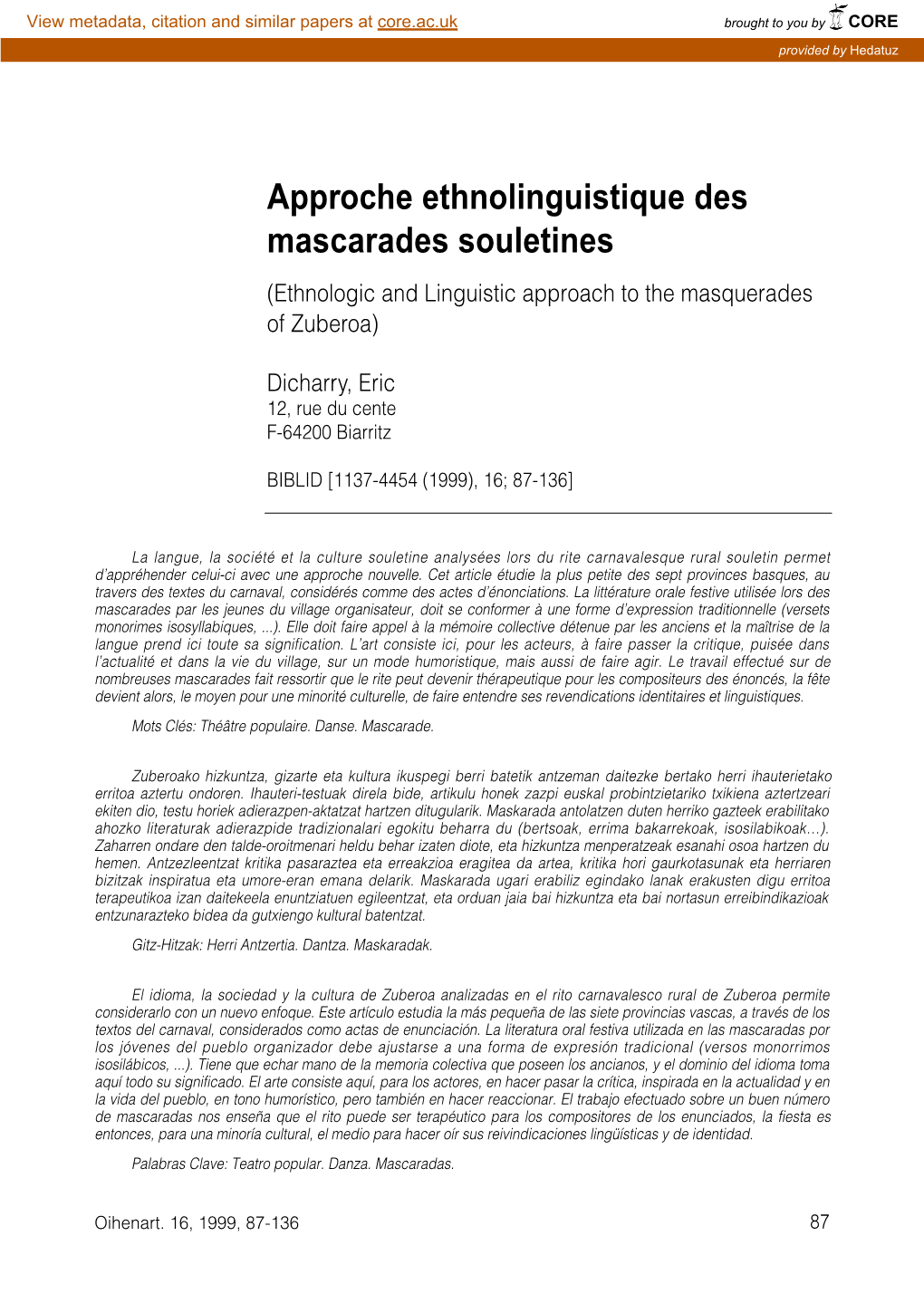 Approche Ethnolinguistique Des Mascarades Souletines (Ethnologic and Linguistic Approach to the Masquerades of Zuberoa)