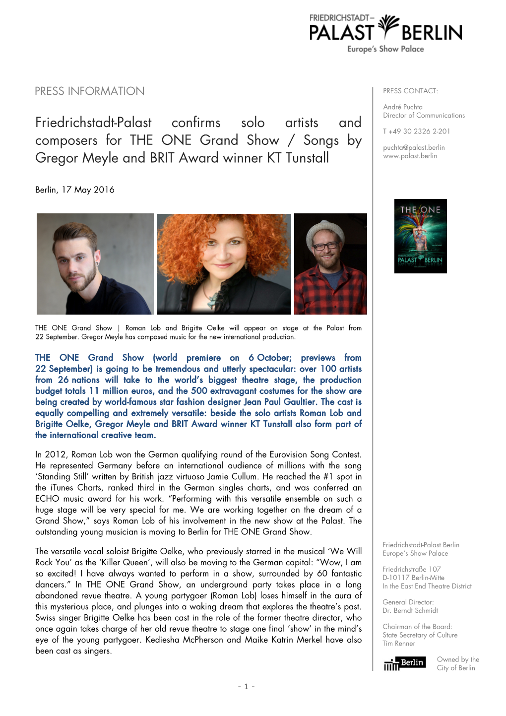 Friedrichstadt-Palast Confirms Solo Artists and Composers for the ONE