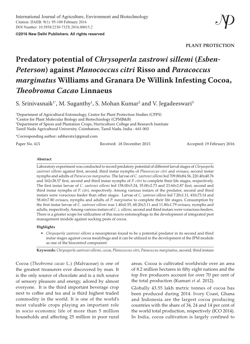 Predatory Potential of Chrysoperla Zastrowi Sillemi (Esben- Peterson