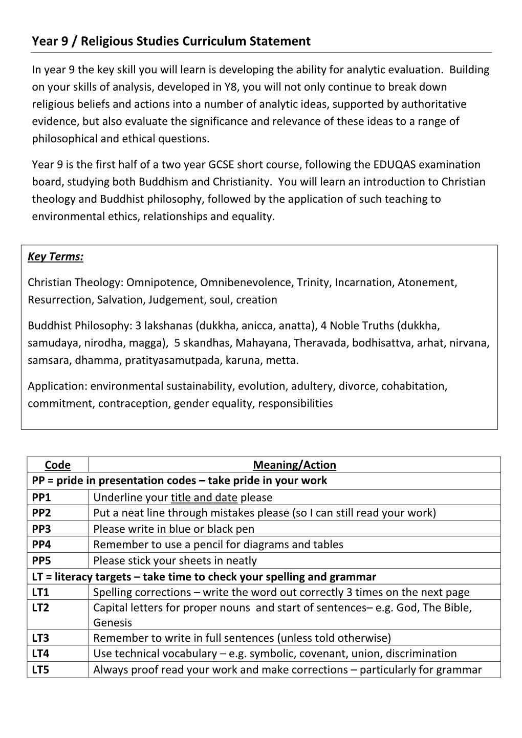 Year 9 / Religious Studies Curriculum Statement