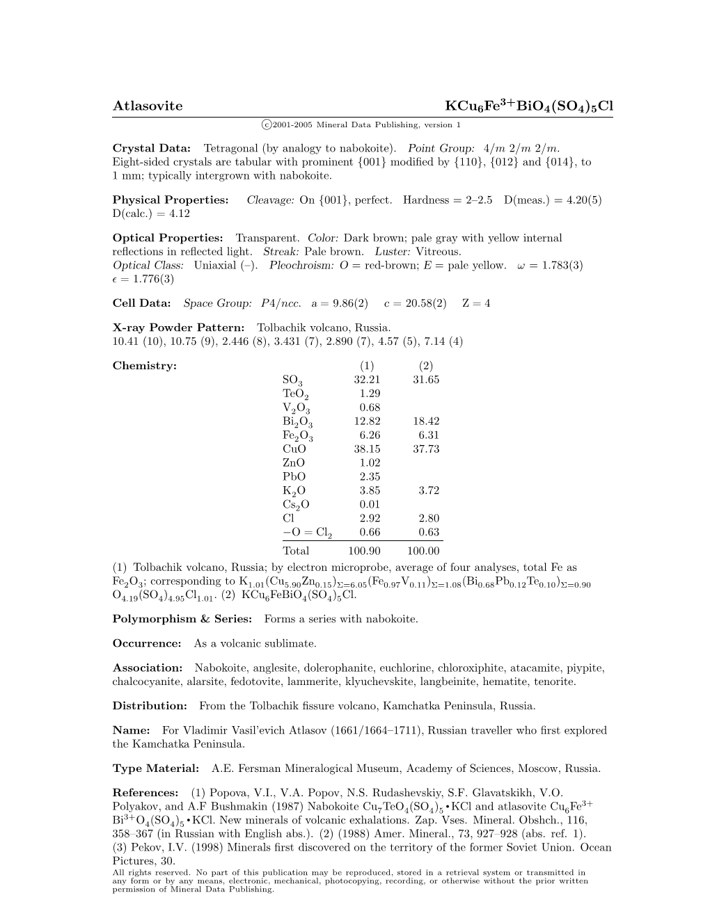 Atlasovite Kcu6fe3+Bio4(SO4)5Cl