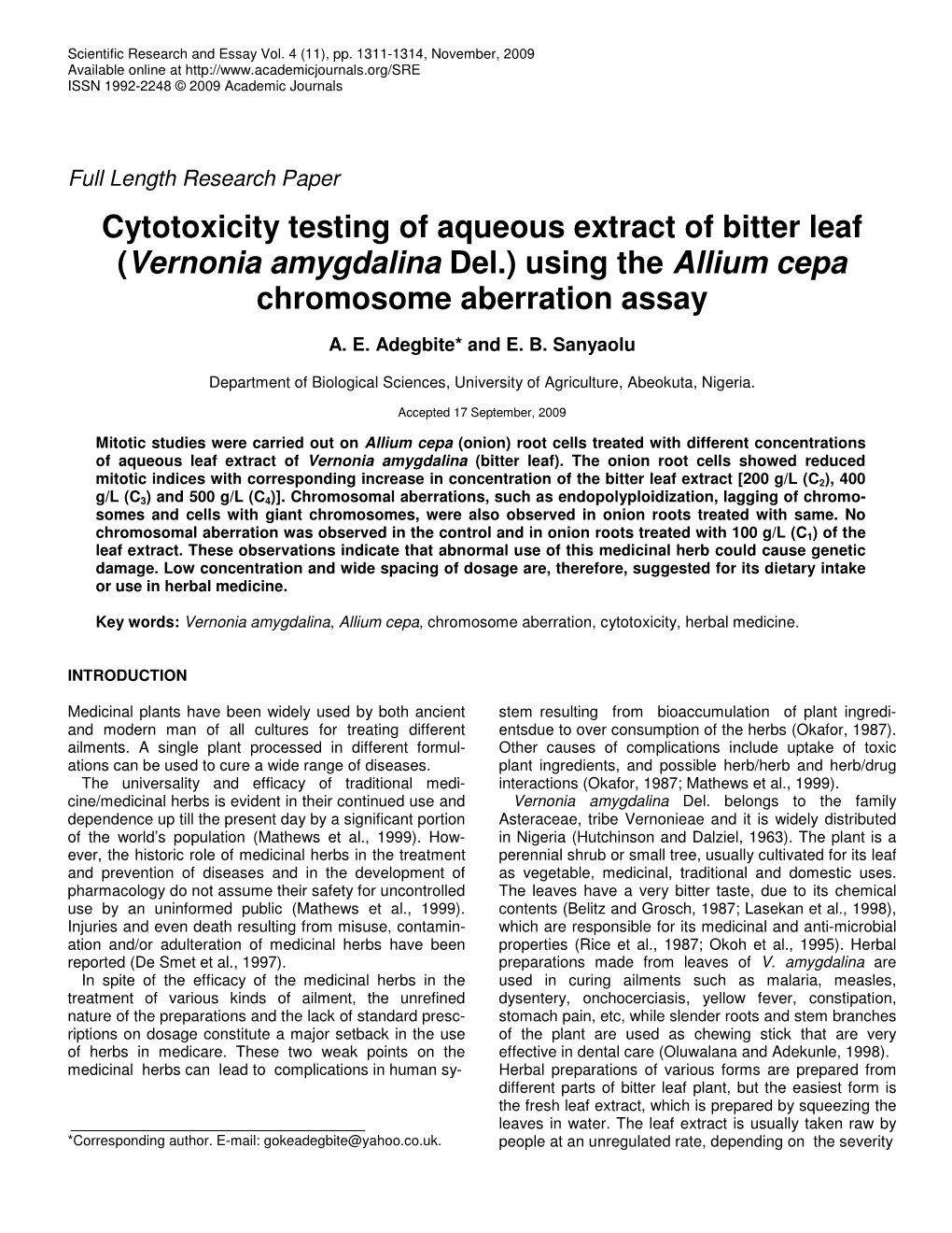 Vernonia Amygdalina Del.) Using the Allium Cepa Chromosome Aberration Assay