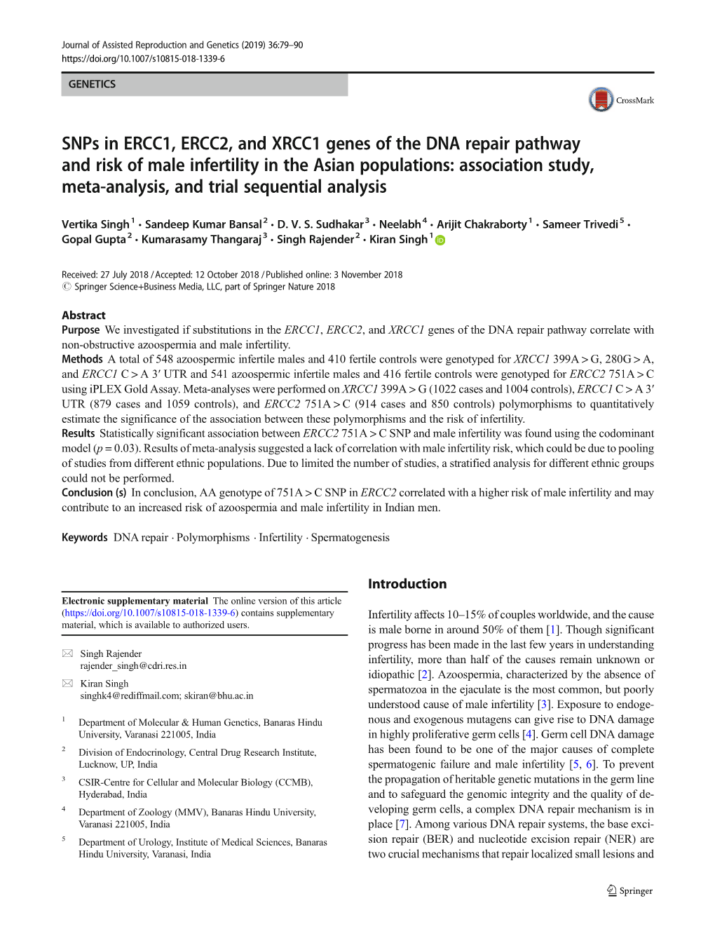 Snps in ERCC1, ERCC2, and XRCC1 Genes of the DNA Repair Pathway