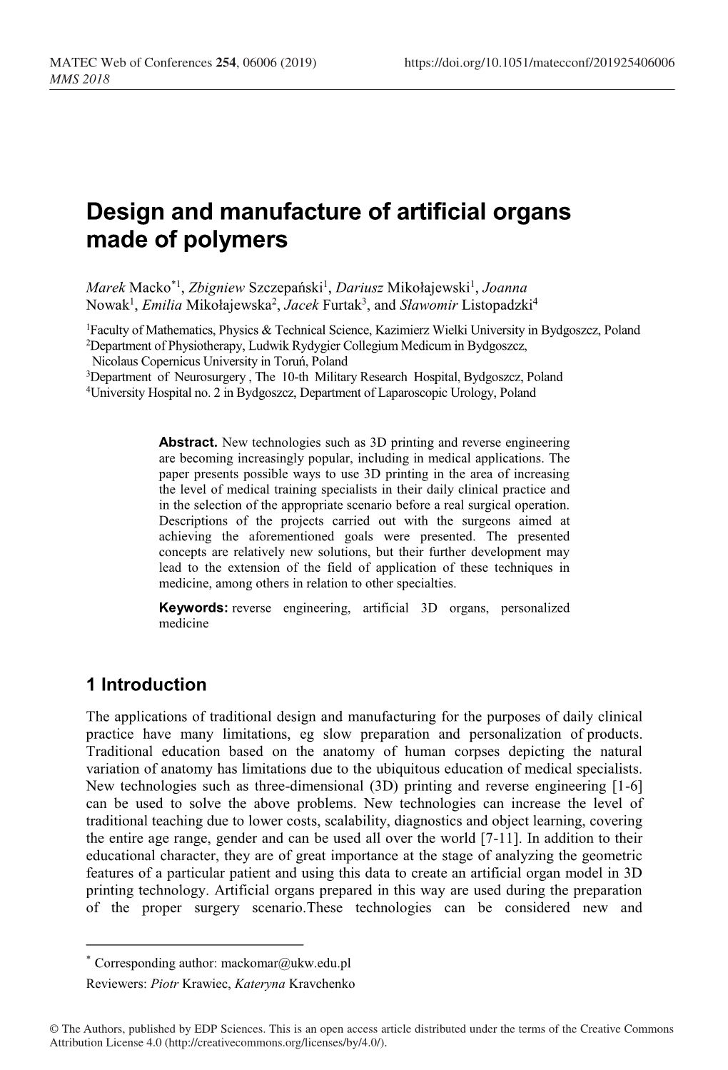 Design and Manufacture of Artificial Organs Made of Polymers