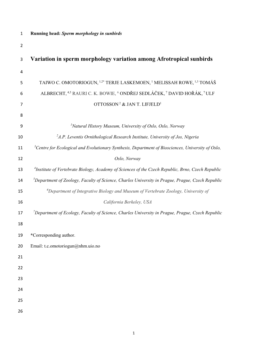 Variation in Sperm Morphology Variation Among Afrotropical Sunbirds