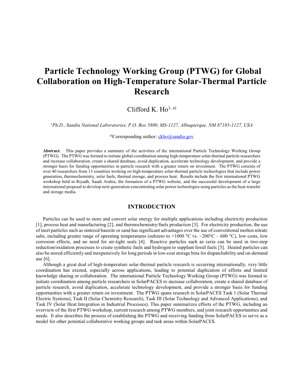 PTWG) for Global Collaboration on High-Temperature Solar-Thermal Particle Research