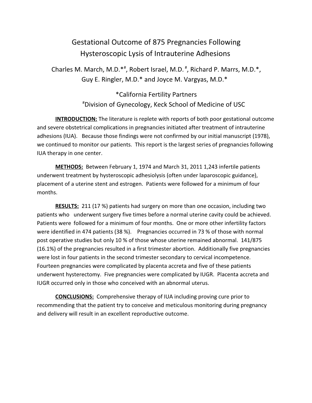 Gestational Outcome of 875 Pregnancies Following Hysteroscopic Lysis of Intrauterine Adhesions