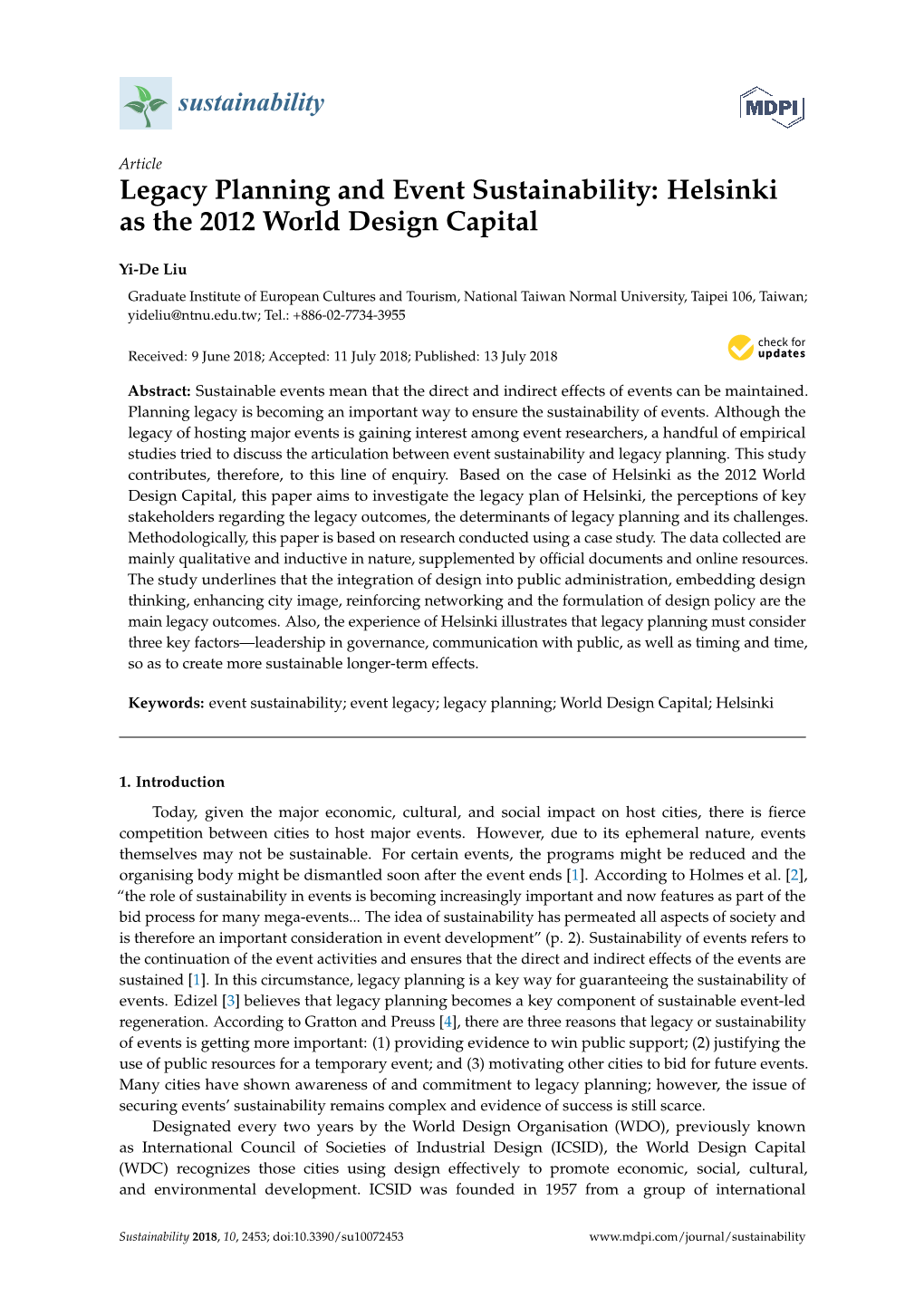 Legacy Planning and Event Sustainability: Helsinki As the 2012 World Design Capital