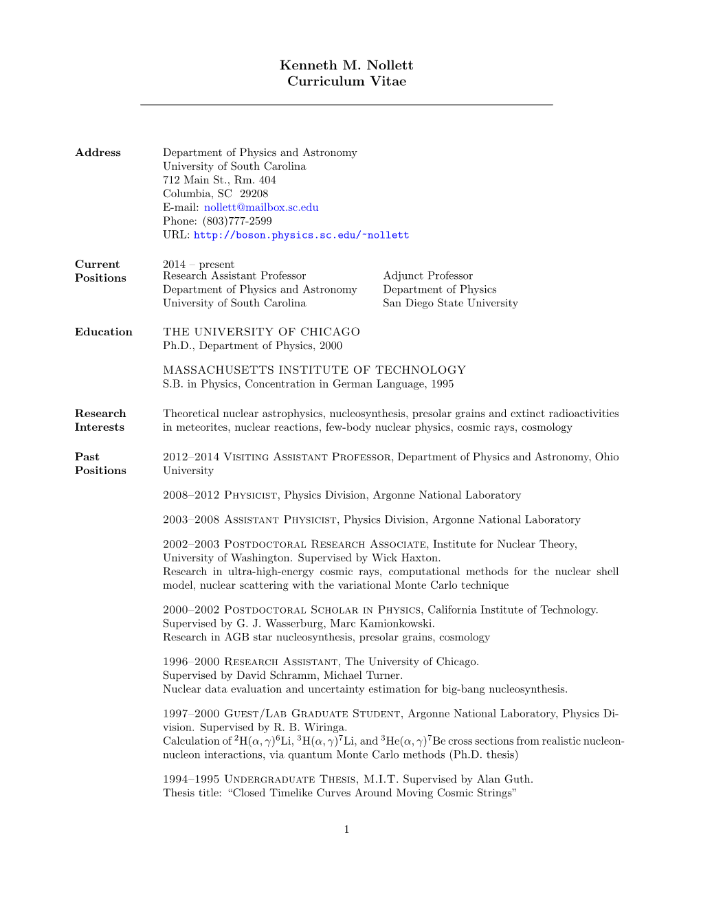 Kenneth M. Nollett Curriculum Vitae