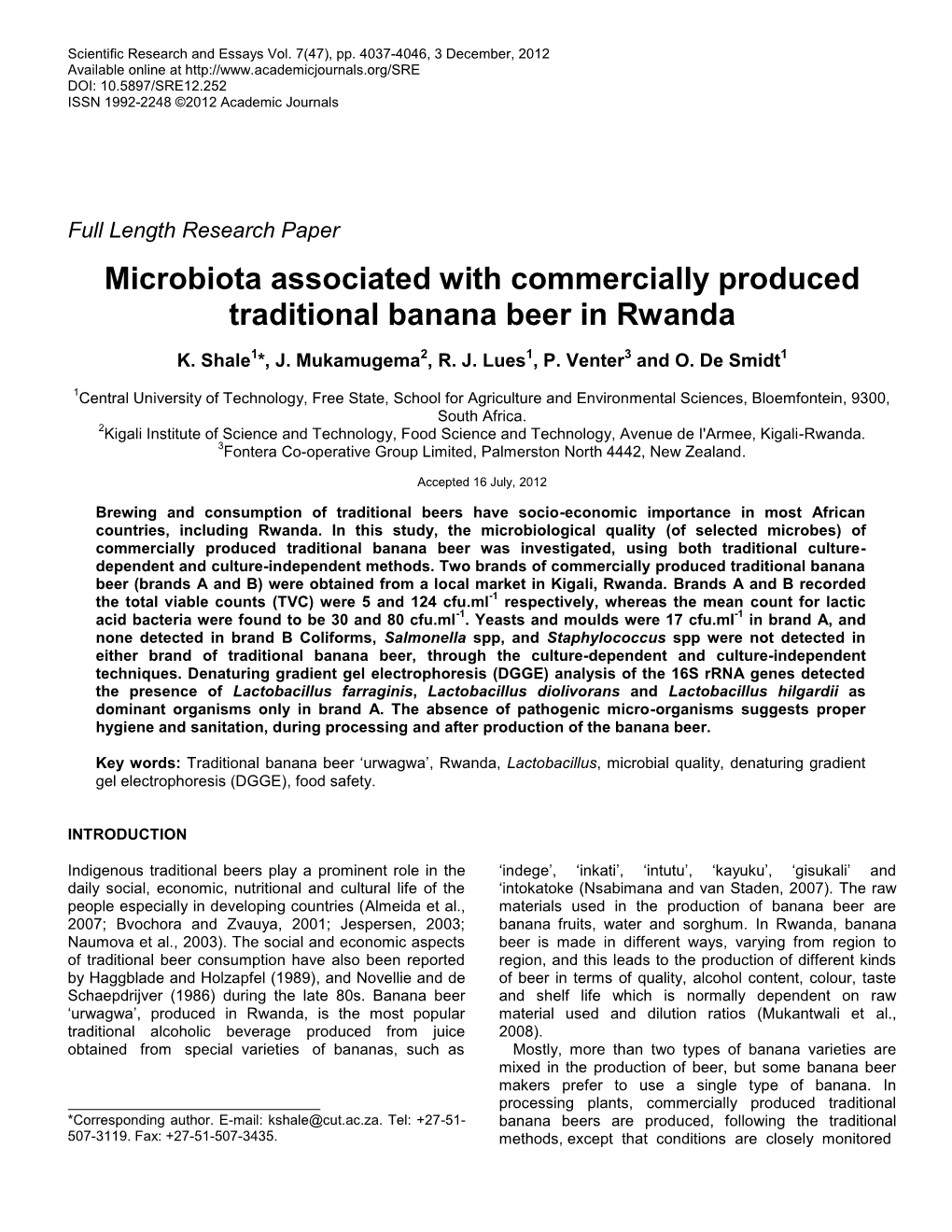 Microbiota Associated with Commercially Produced Traditional Banana Beer in Rwanda