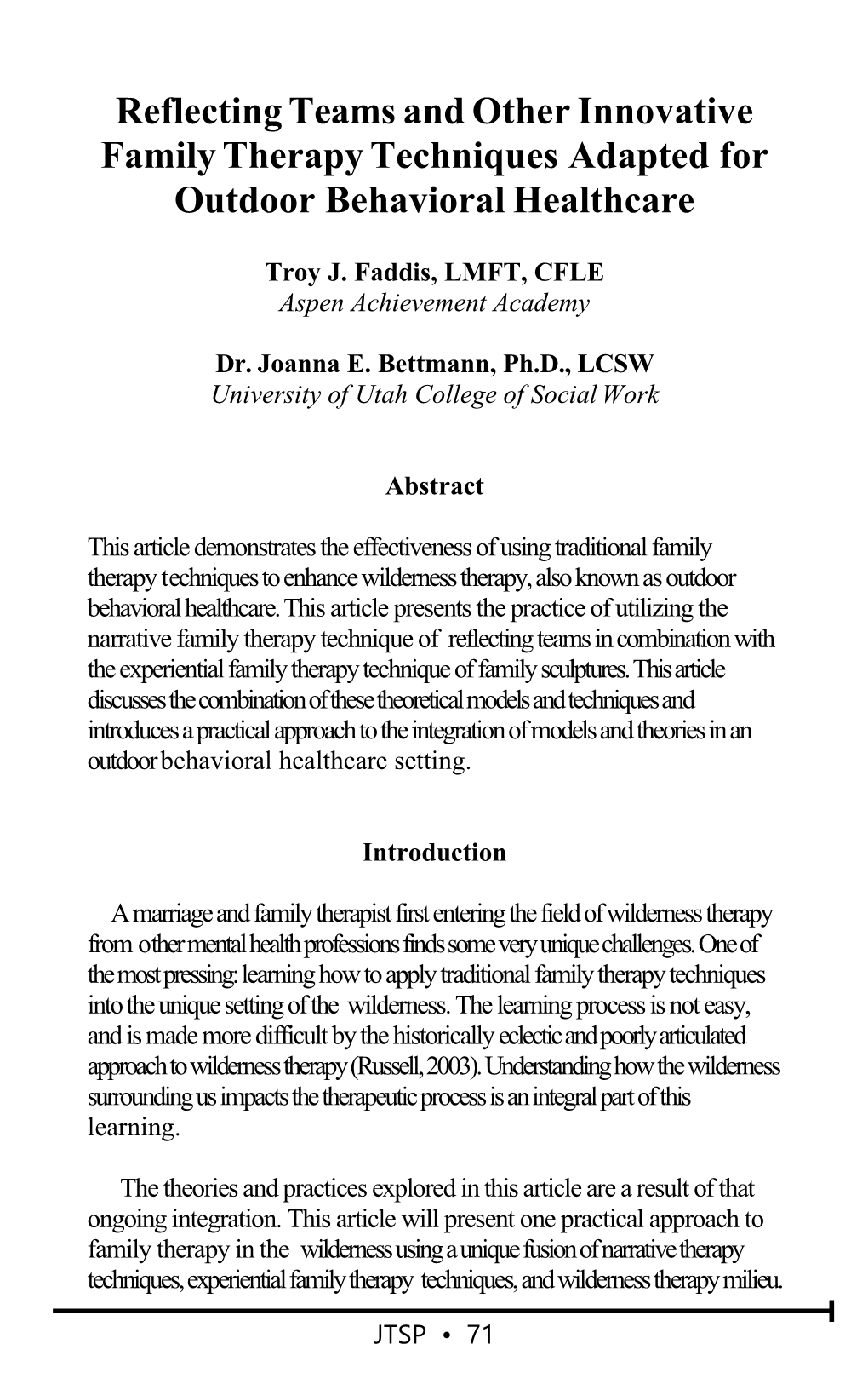 Reflecting Teams and Other Innovative Family Therapy Techniques Adapted for Outdoor Behavioral Healthcare