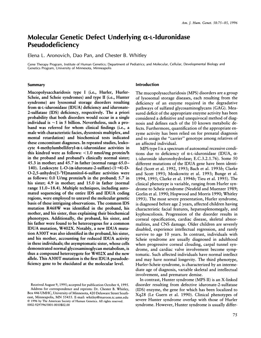 Molecular Genetic Defect Underlying A-L-Lduronidase Pseudodeficiency Elena L