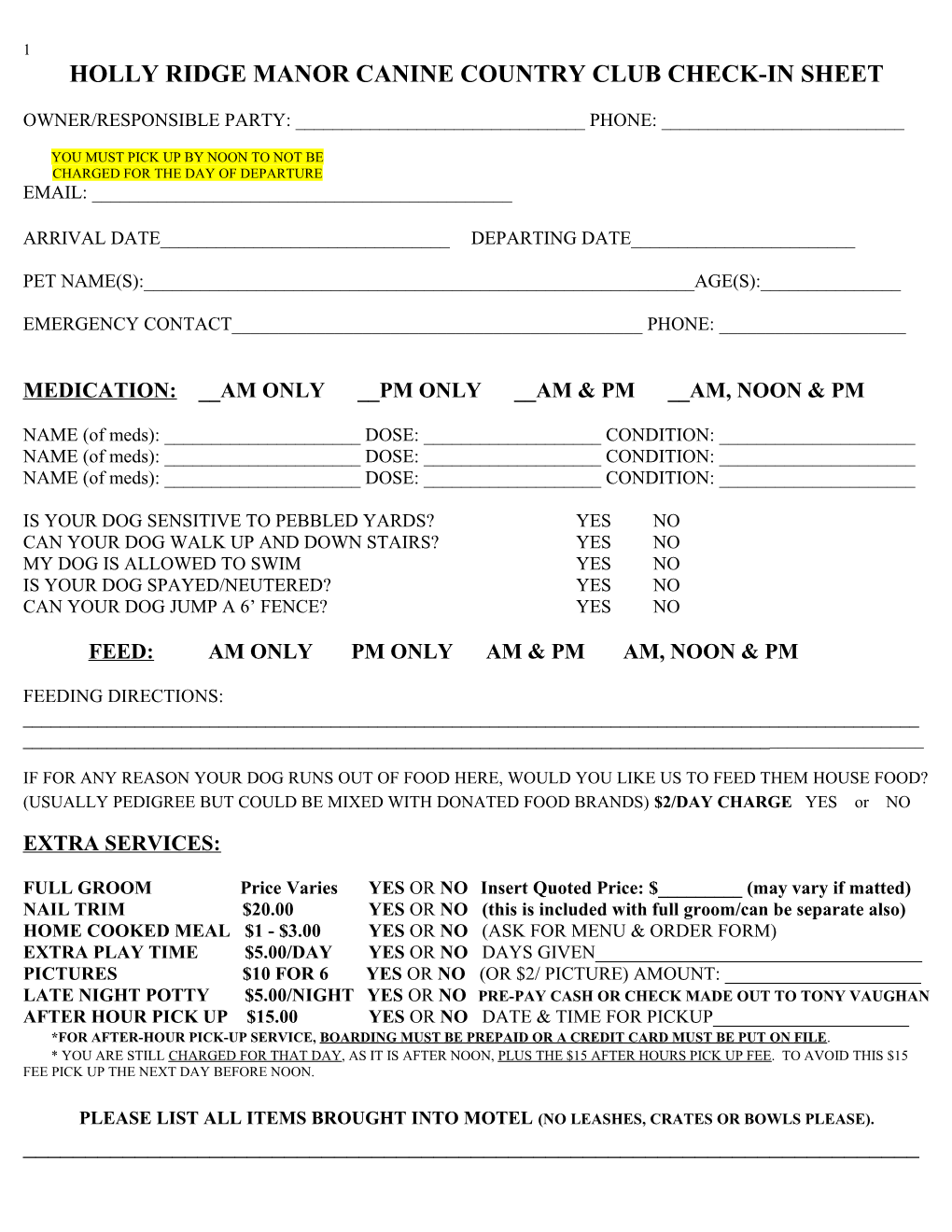 Holly Ridge Manor Canine Country Club Check-In Sheet